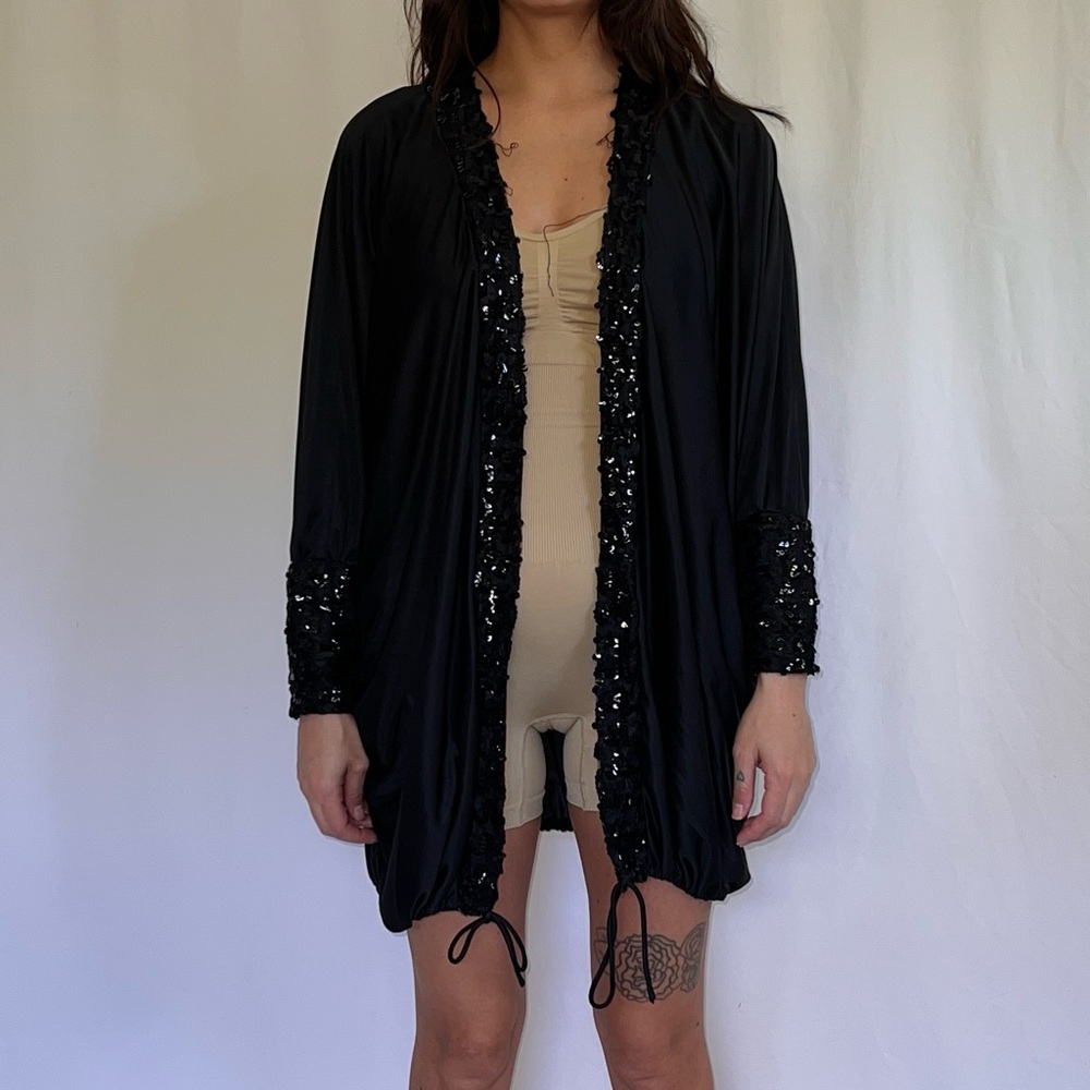 Vintage 70s/80s Black Sequin Trim Kimono - Picture 1 of 10